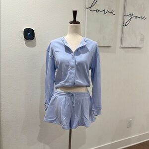 Light Blue Button-Up Lounge Set with Drawstring Shorts